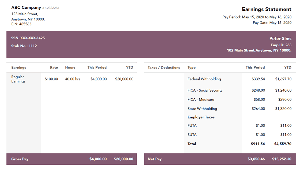 Aster contractor paystub template