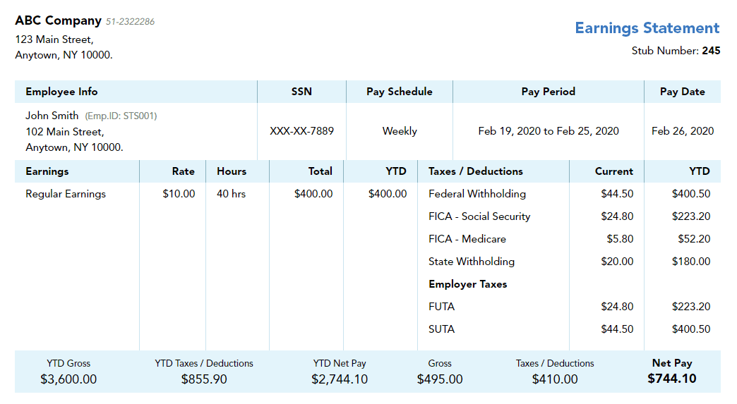 Blue contractor paystub template