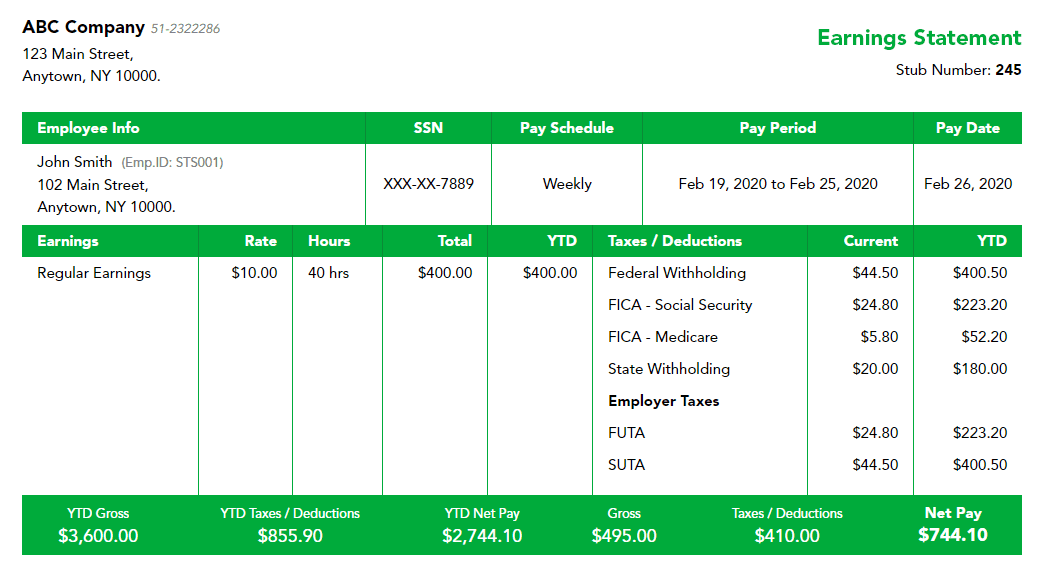 Green contractor paystub template