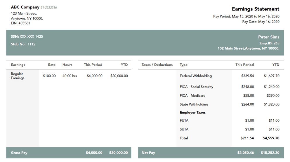 Longleaf Pine contractor paystub template