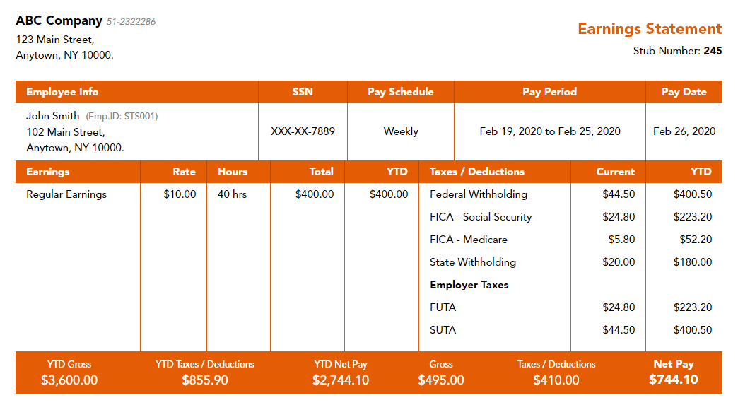 Orange contractor paystub template