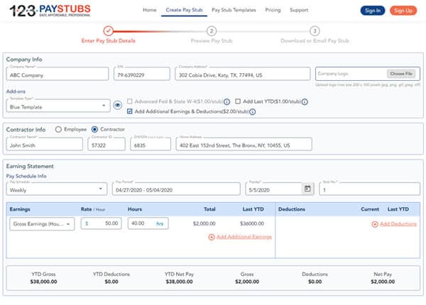 123PayStubs contractor pay stub form