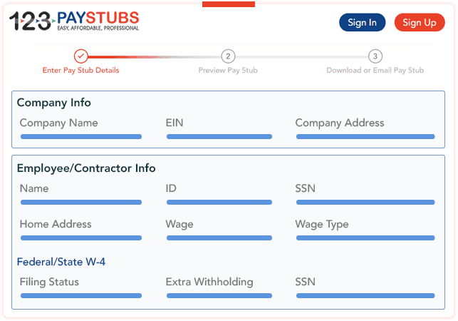 123PayStubs create pay stub form