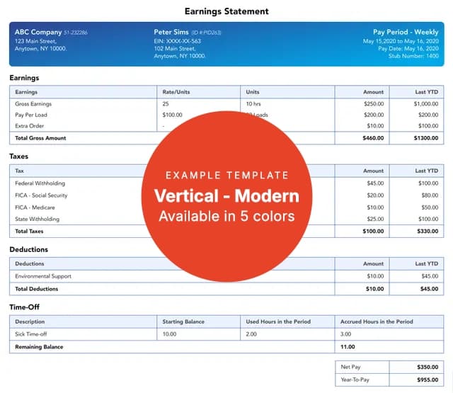 Vertical - Modern example paystub template, available in 5 colors